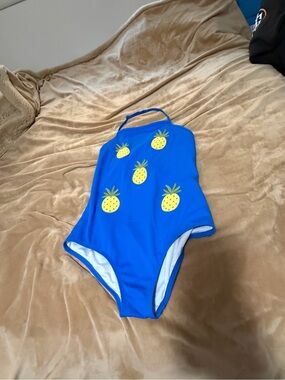 Mini Boden Bright Blue Halter One-Piece Lemon Swimsuit 11/12